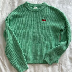 Mint Green Cherry Embroidered Knit Sweater